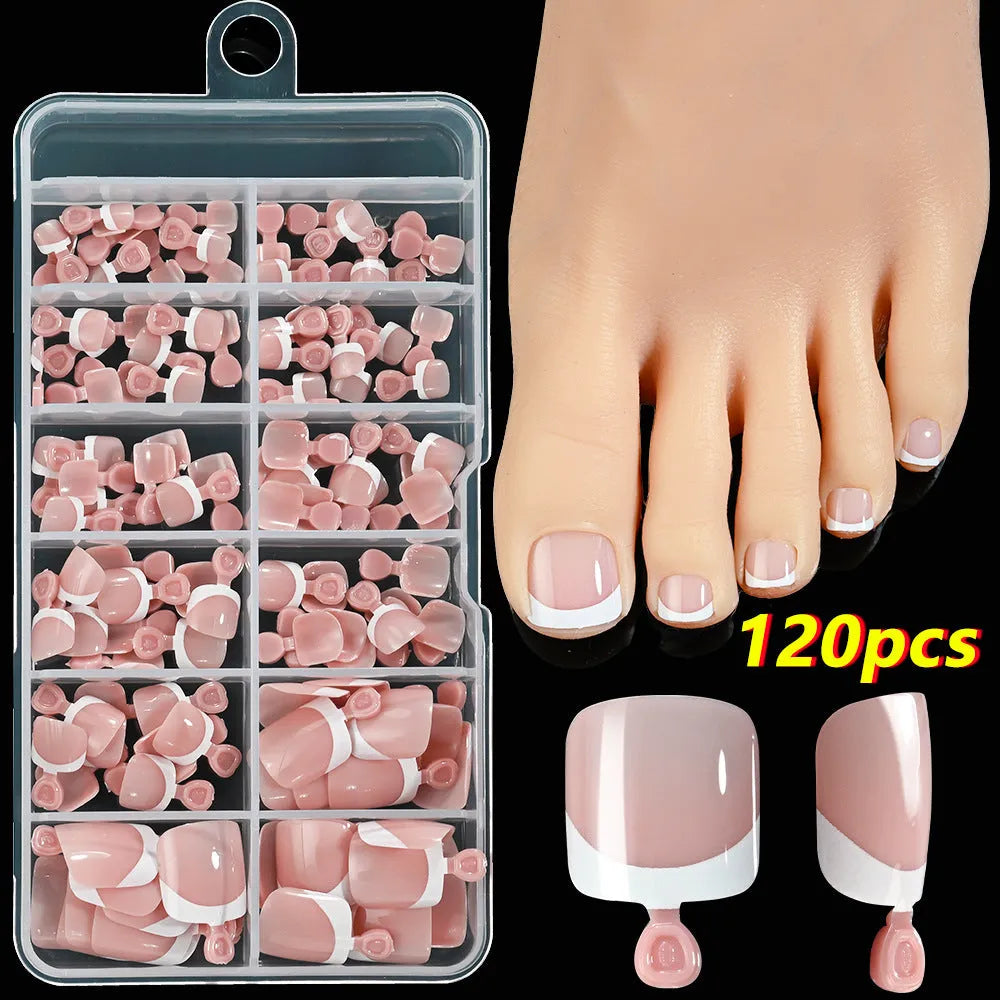 Box of 120 French white edge nude full square short artificial nail pieces showing nine colour shades