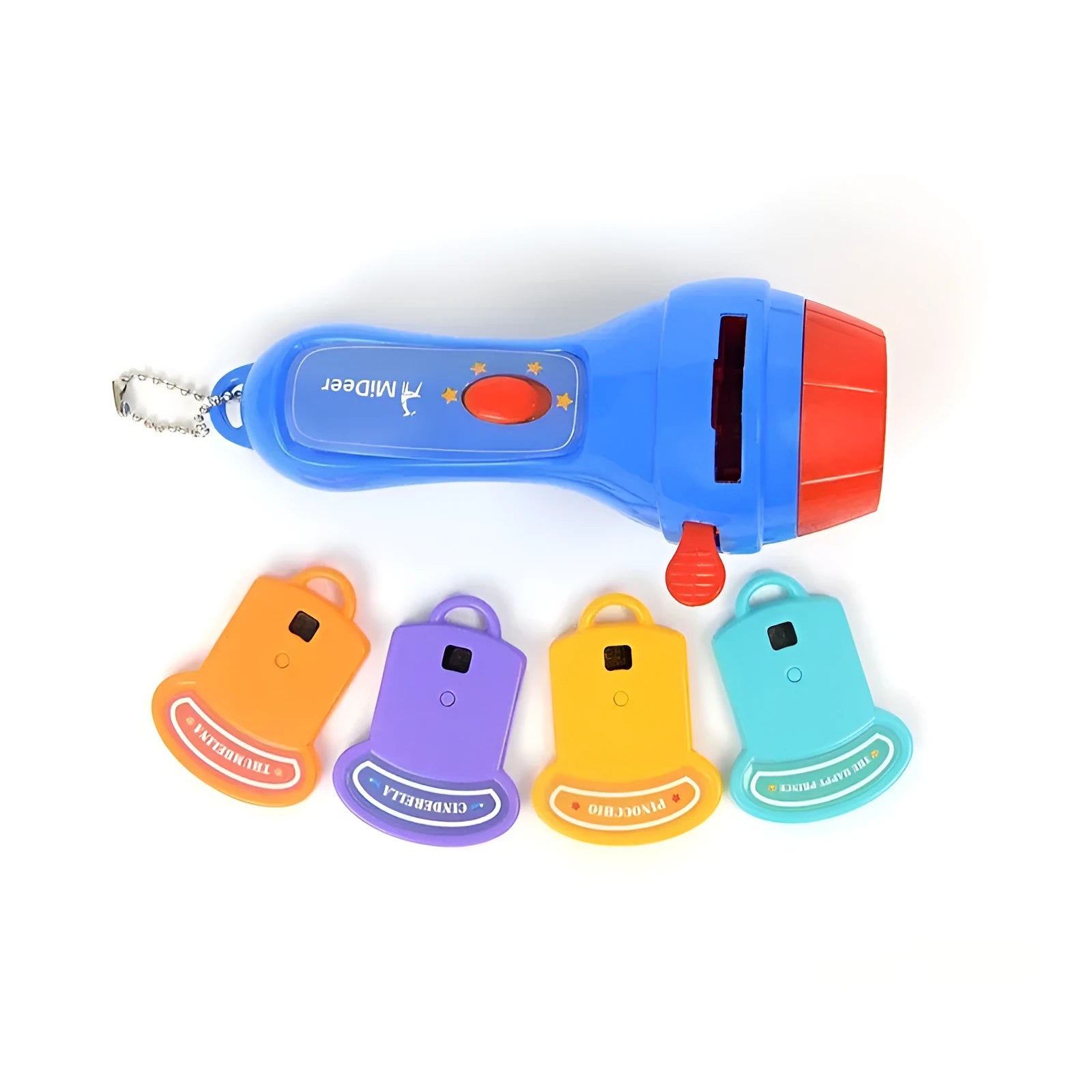 SmartKids children's story projector torch with four fairy tale projection discs showing castle and character images