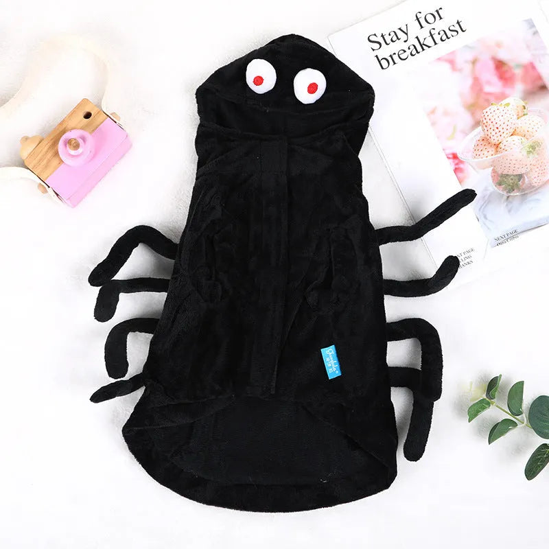 Spider pattern dog Halloween costume in polyester fabric shown in size options S, M, L.