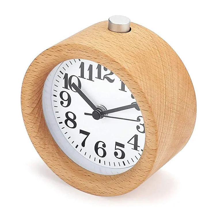 Solid beech wood silent alarm clock with a 9.5cm diameter, showing a PVC dial and wooden case.