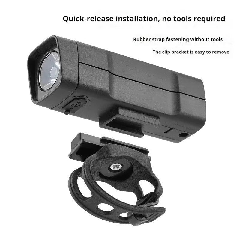 Bicycle headlight with LED light source and quick release strap bracket for handlebar mounting