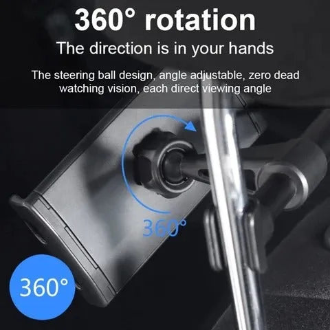 Black plastic universal car phone holder mounted on a car rear seat base.