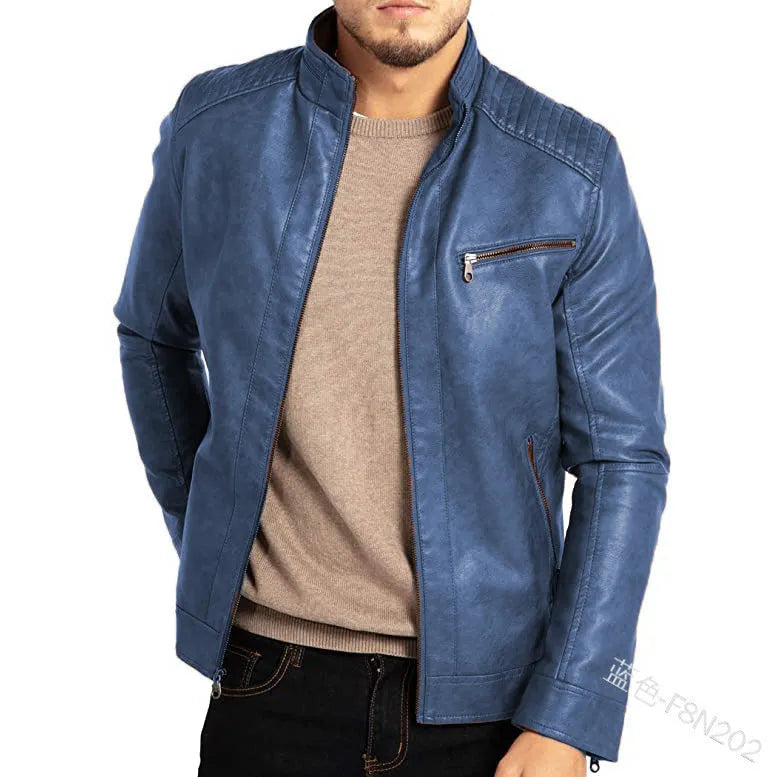Men's brown artificial leather punk motorcycle jacket with a stand collar and patch pocket.
