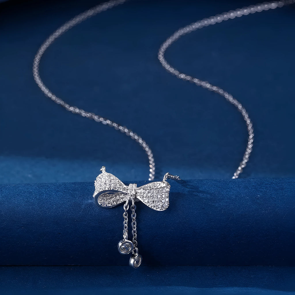 S925 sterling silver bow pendant necklace with O-ring chain in silver colour