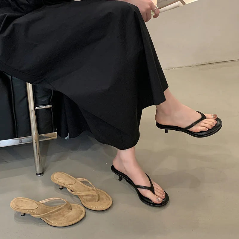Women's round toe stiletto flip-flop sandals in black or camel colours