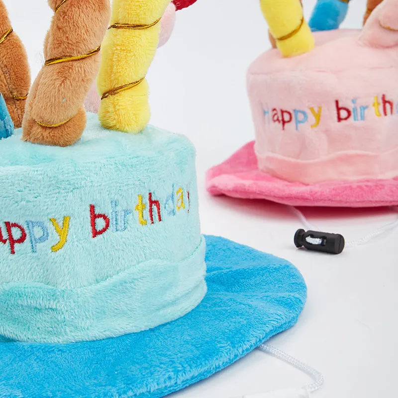 Blue and pink small dog birthday hat with a bone-shaped squeaker toy gift set.