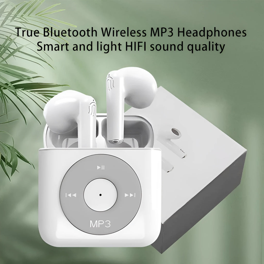 White wireless Bluetooth earphones with semi in-ear design and a matching white charging case.