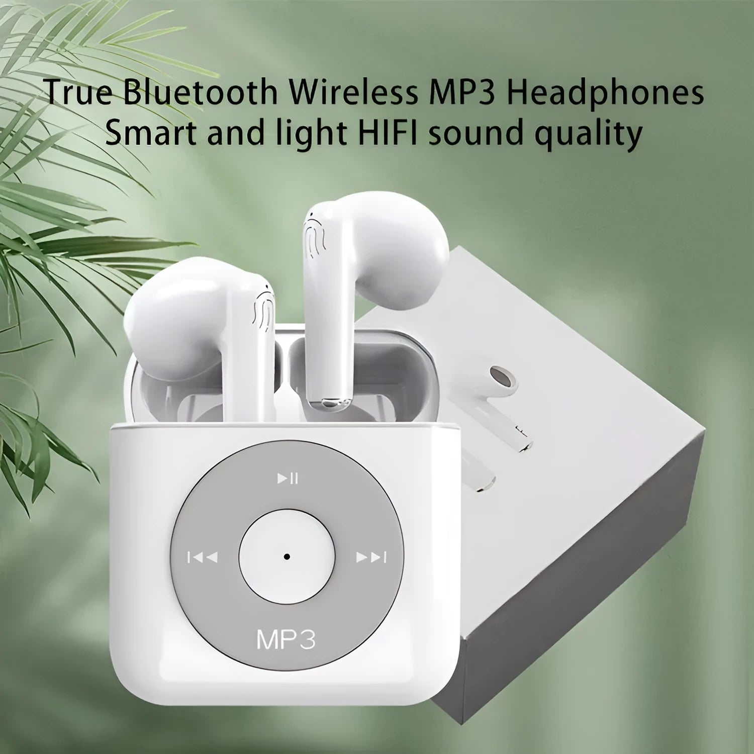 White wireless Bluetooth earphones with semi in-ear design and a matching white charging case.
