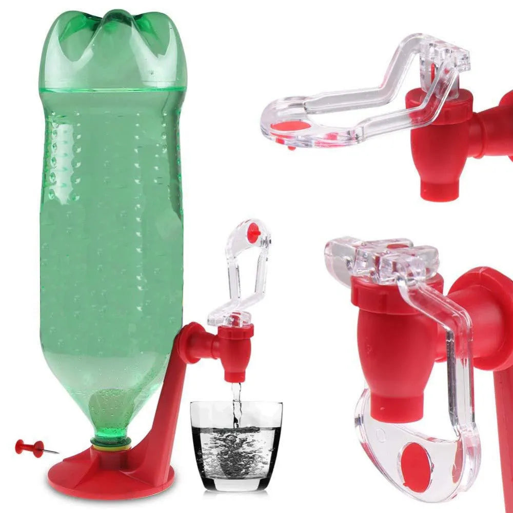 Red Magic Tap soda dispenser attached to inverted 2-litre bottle