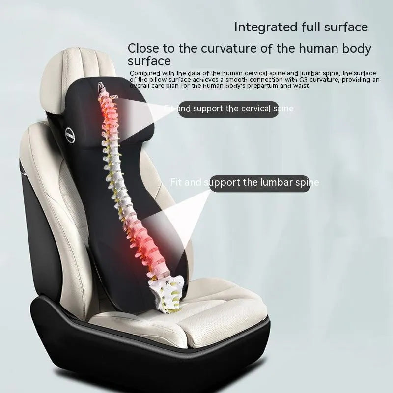 Black automotive memory foam cushion and headrest lumbar support pillow set on a car seat.