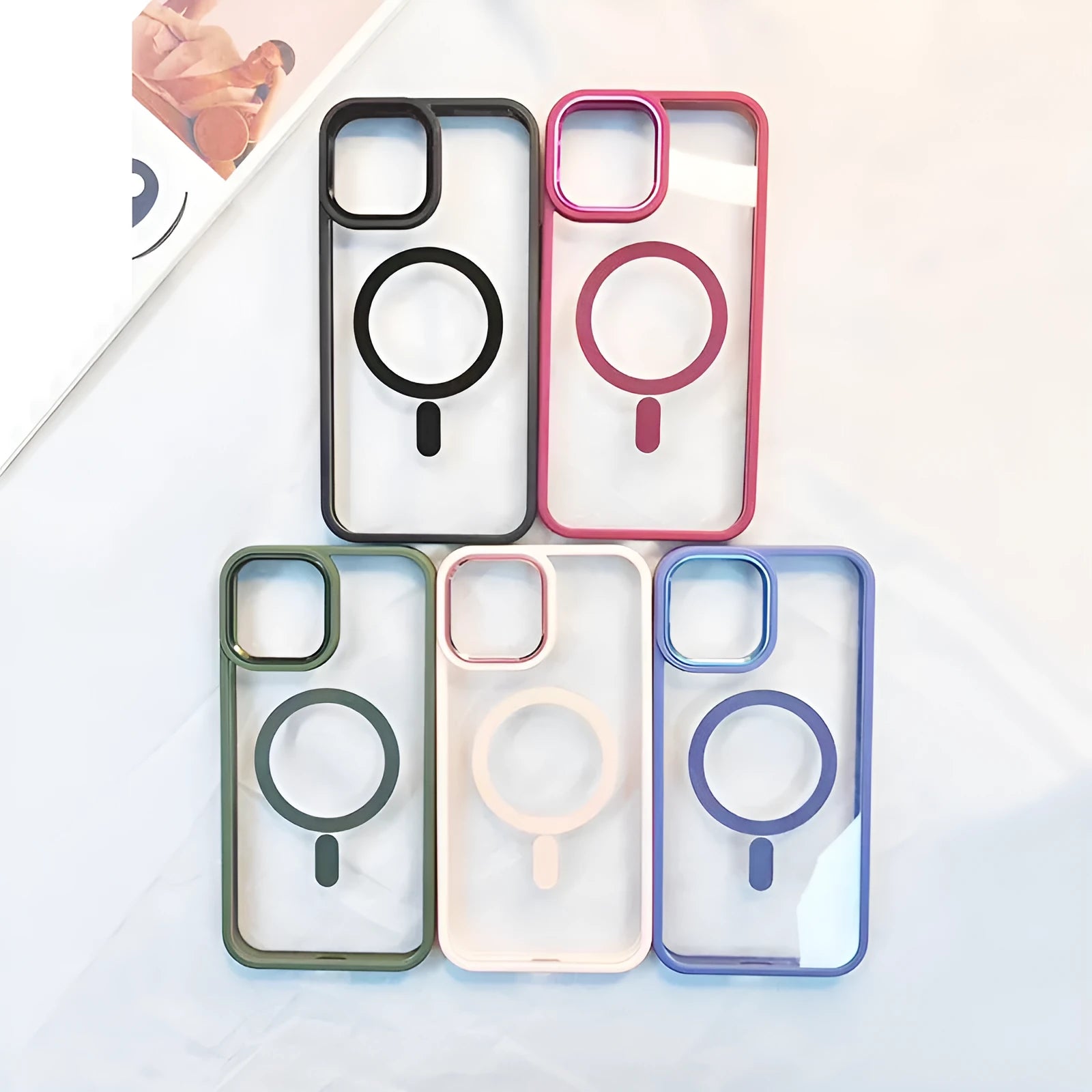 Transparent magnetic silicone phone case for iPhone showing compatibility with car mount and available in multiple colours