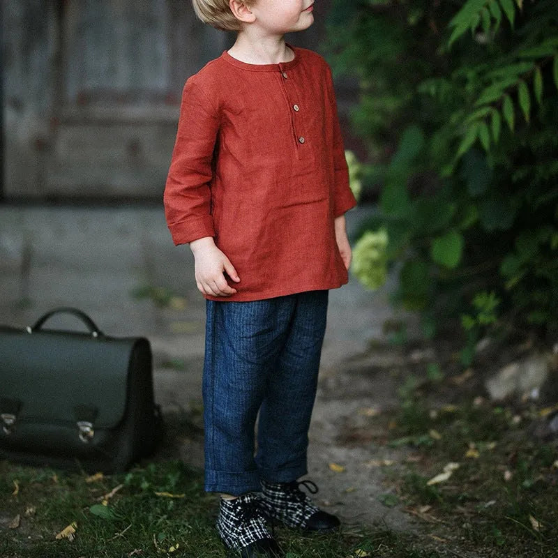 Boys Half-Open Collar Long Sleeve Cotton Linen Shirt Solid Colour European Style Spring Autumn Top 90-130cm White Green Hemp Rust Red