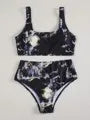 Women's high-waisted bikini set with marble tie-dye print and U-neck top