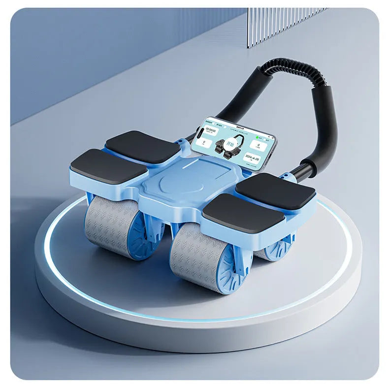Automatic rebound abdominal exercise wheel with four wheels in blue colour