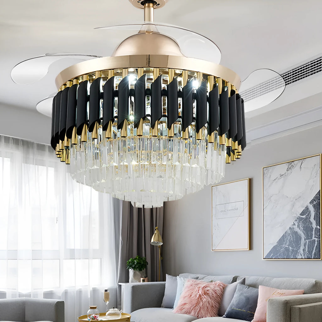 Crystal ceiling fan light with LED lighting and remote control in silver finish