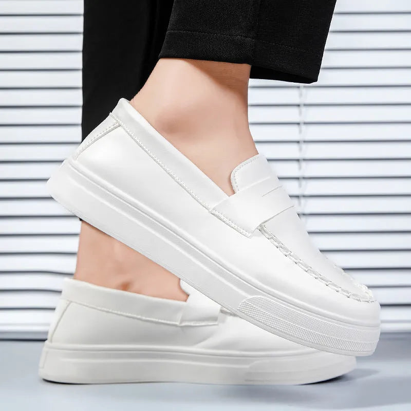 Men's casual slip-on loafers in artificial PU with round toe, shown in white, black and white, and khaki.