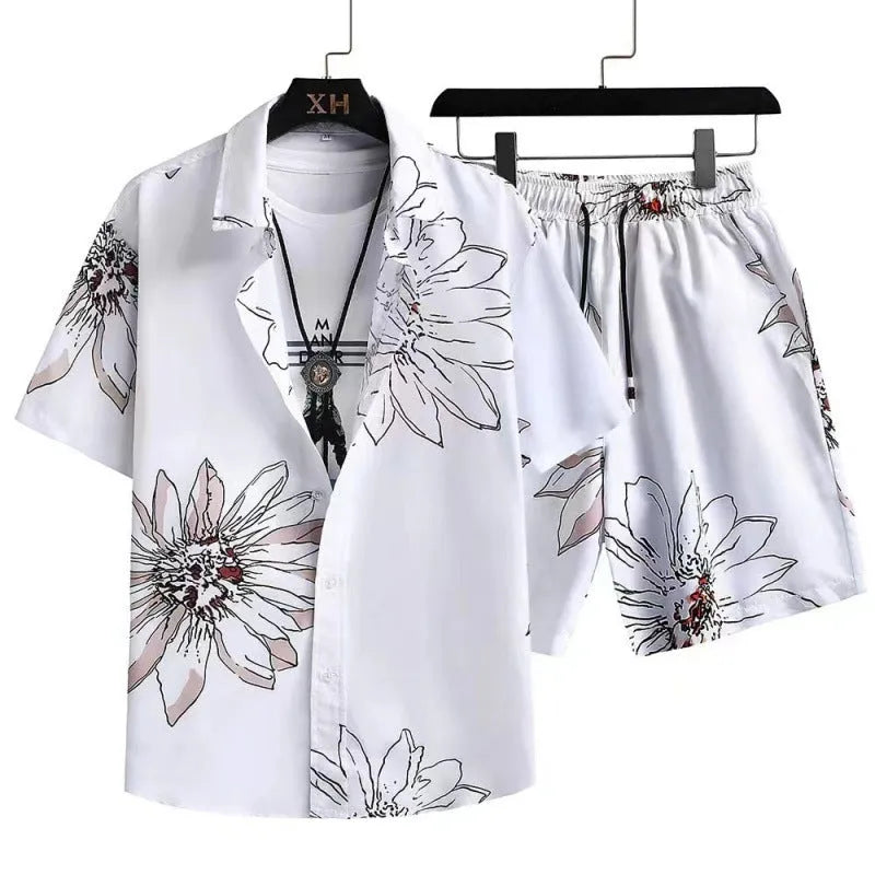 Men's casual suit set with short sleeve cardigan and matching printed shorts in polyester fabric