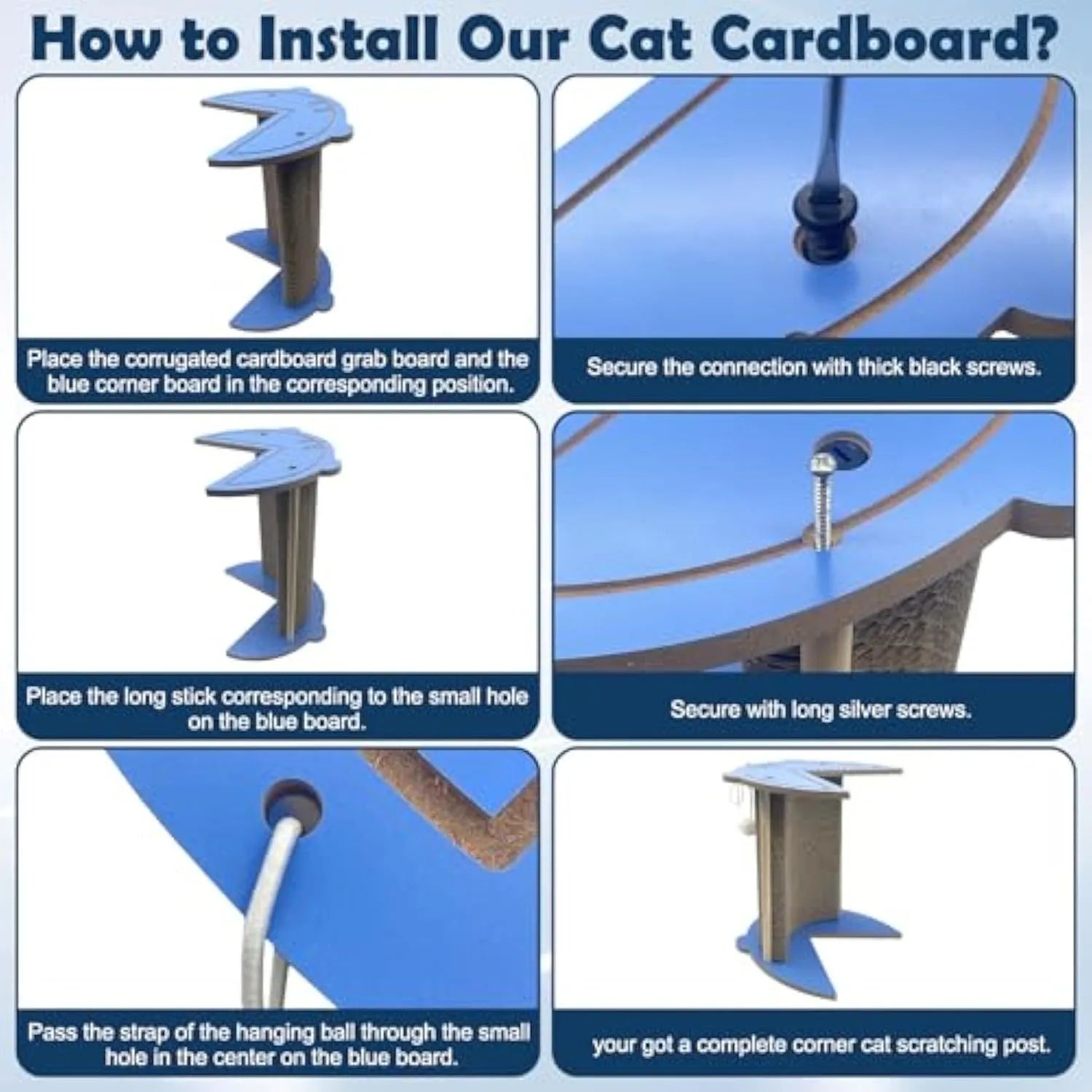 Grey cardboard cat corner scratcher with hanging ball against a wall