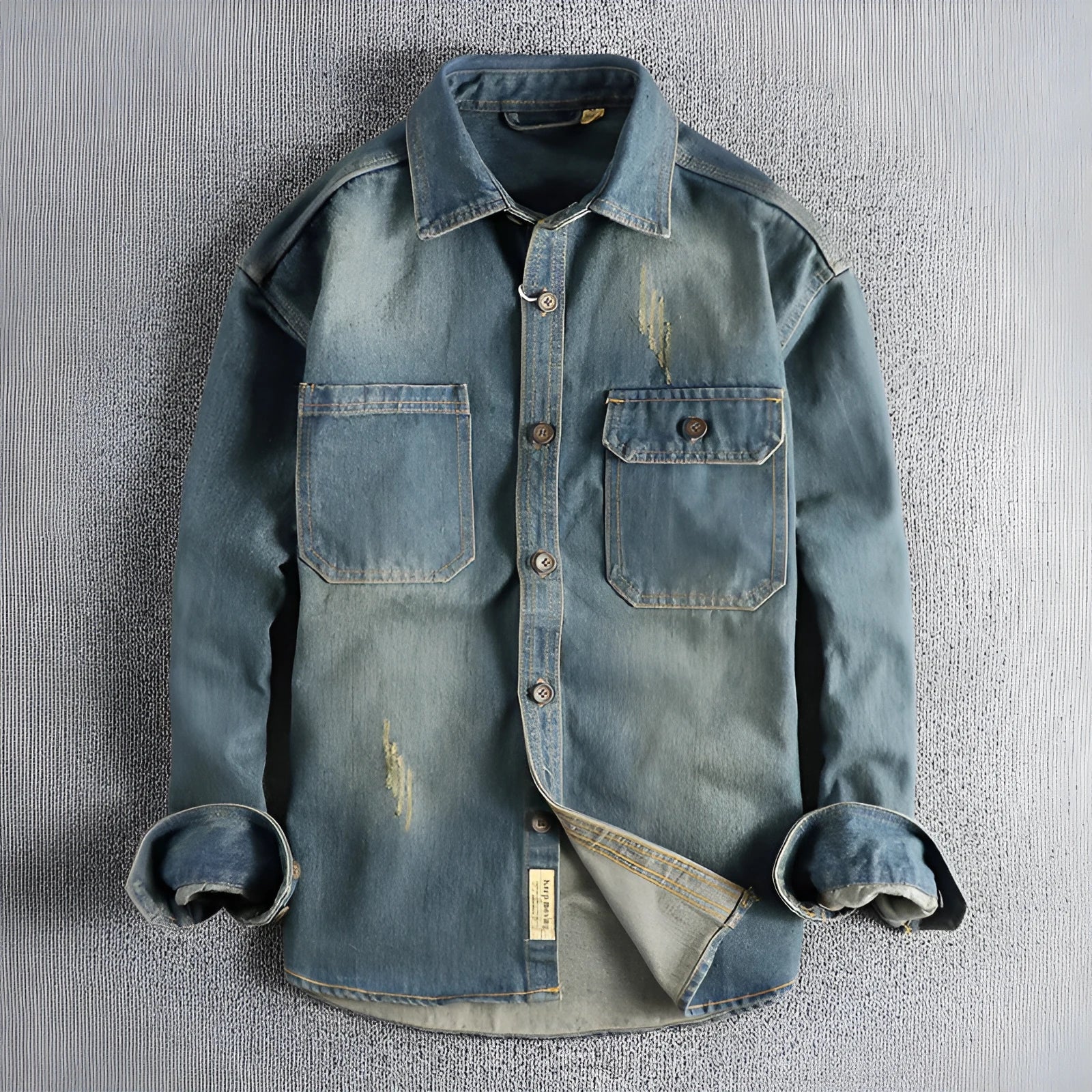 Men's loose cardigan style washed vintage denim shirt in light blue