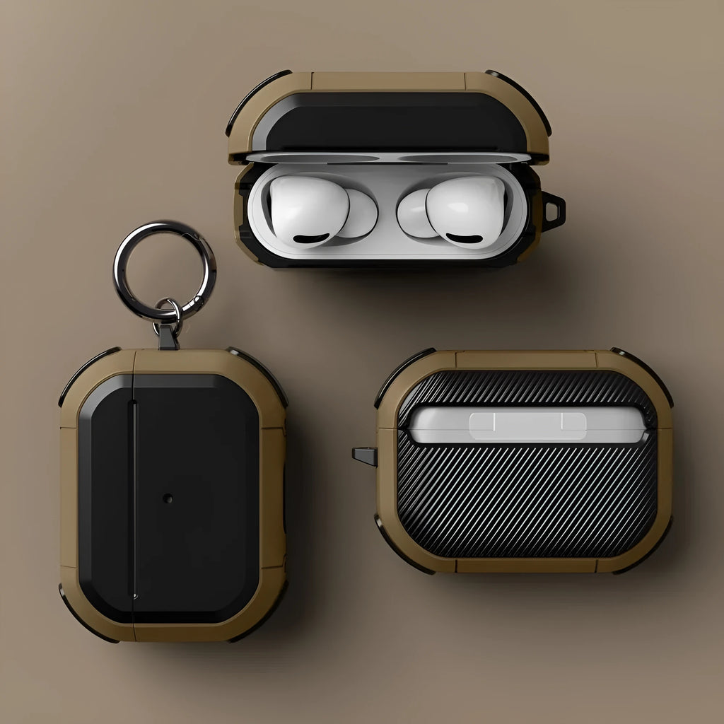 Black TPU and PC protective shell case for Apple AirPods 1, 2 and Pro models on a white background.
