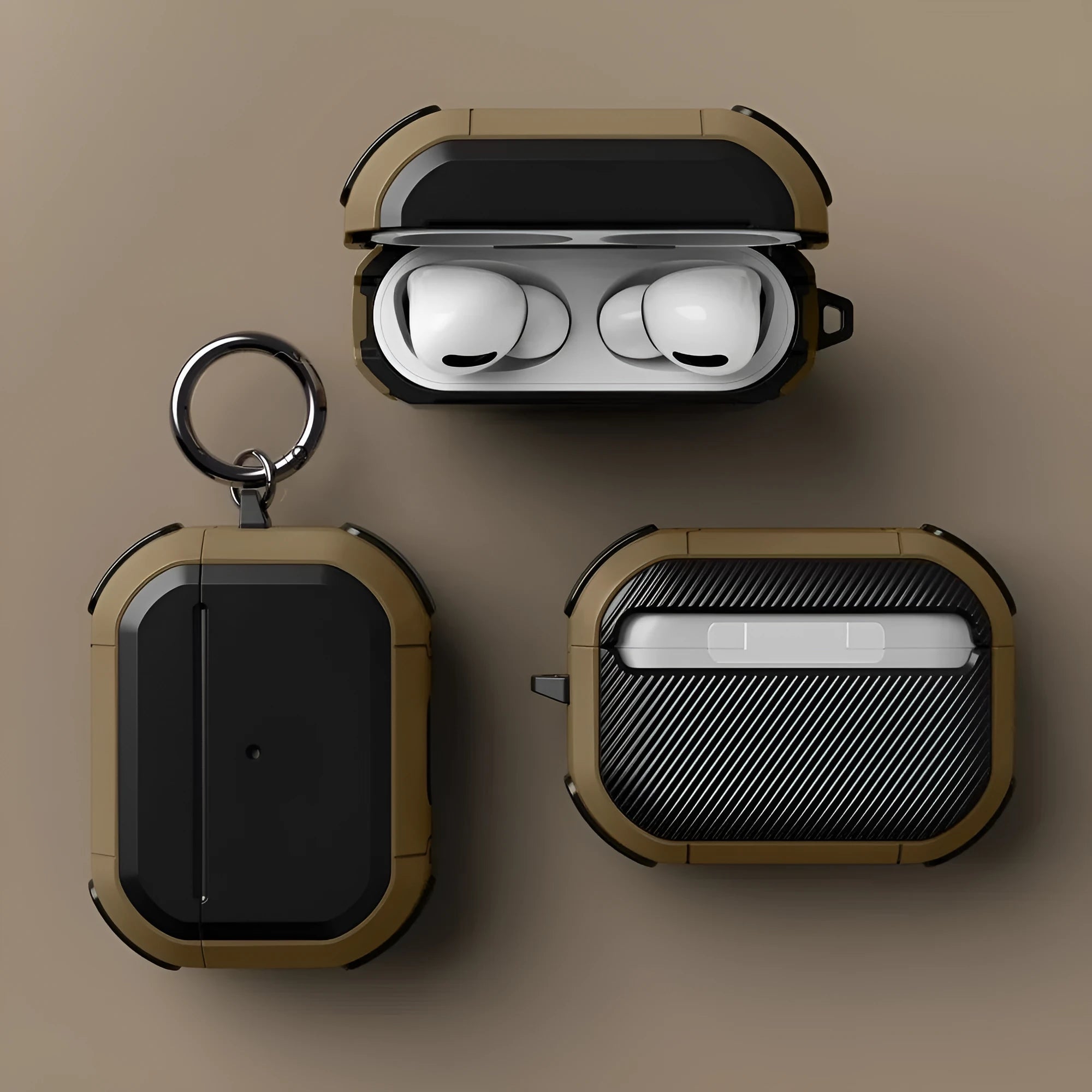Black TPU and PC protective shell case for Apple AirPods 1, 2 and Pro models on a white background.