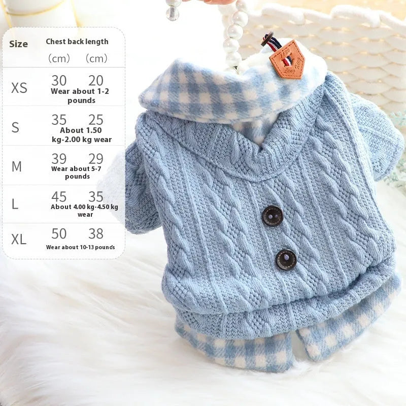 Blue plaid fleece-lined dog sweater jacket on a mannequin, size label visible