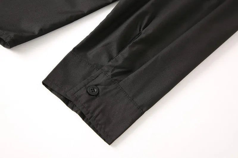 Men's black stand-up collar shirt with fitted silhouette, available in sizes S to XXXL for smart casual and formal wear.