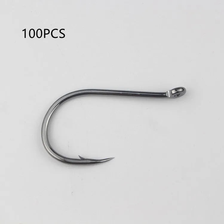 Barbed crooked mouth fishing hooks with hole rings for sea rock fishing, made from alloy carbon steel.