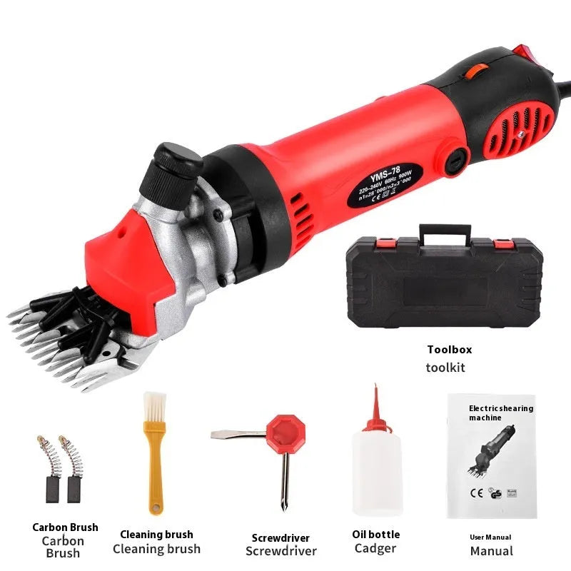 Yellow electric wool shearing tool with 110V plug, multiple blade sets, and maintenance accessories in plastic storage box