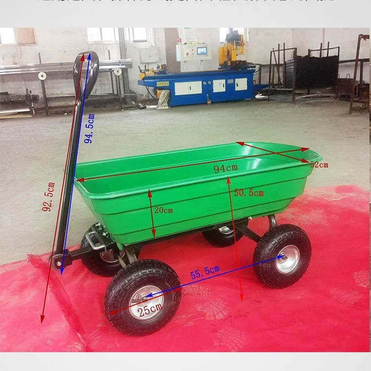 Green four-wheel plastic dump truck with steel PP frame for agricultural material transport