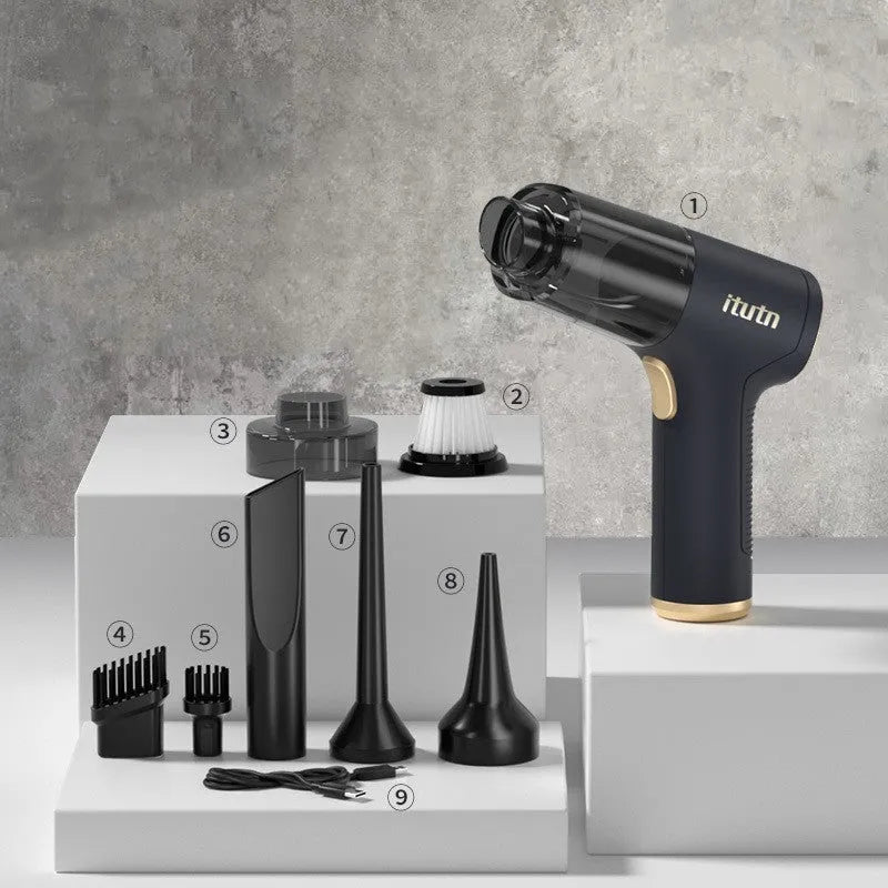 Black wireless handheld car vacuum cleaner with multiple nozzle attachments on a plain background