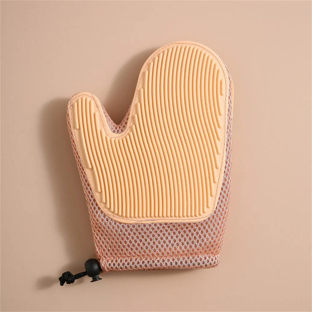 Right hand pet hair removal glove in dark blue, light green or yellow for cat and dog grooming