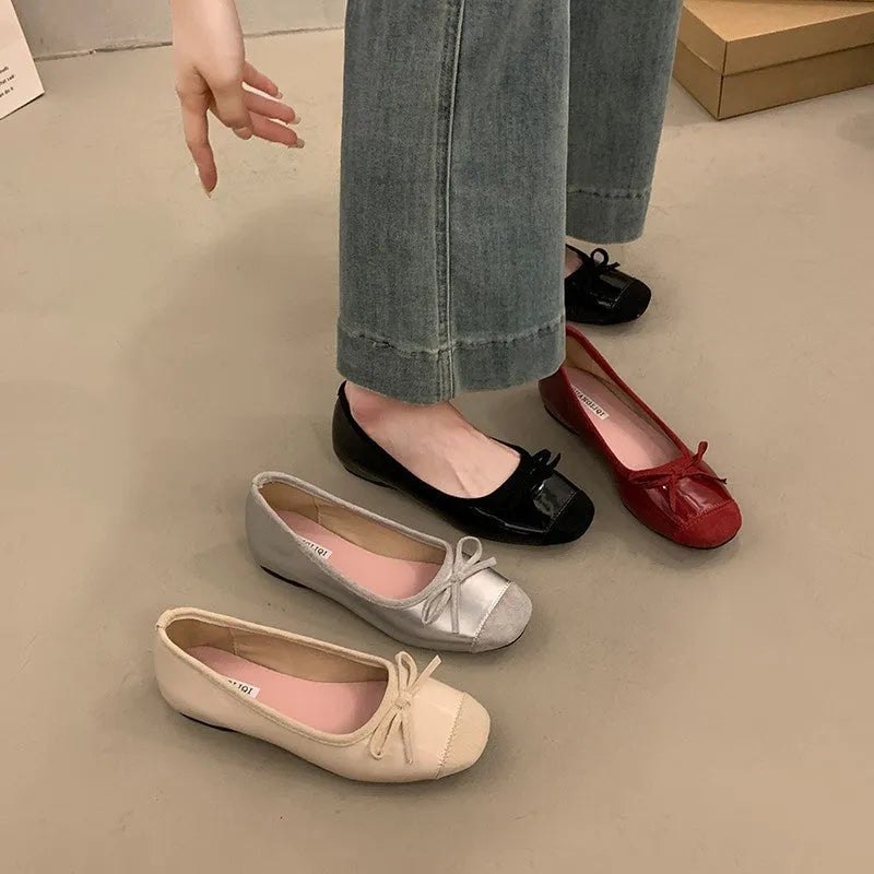 Women's wine red retro Mary Jane ballet flats with a bow and square toe on a rubber sole.