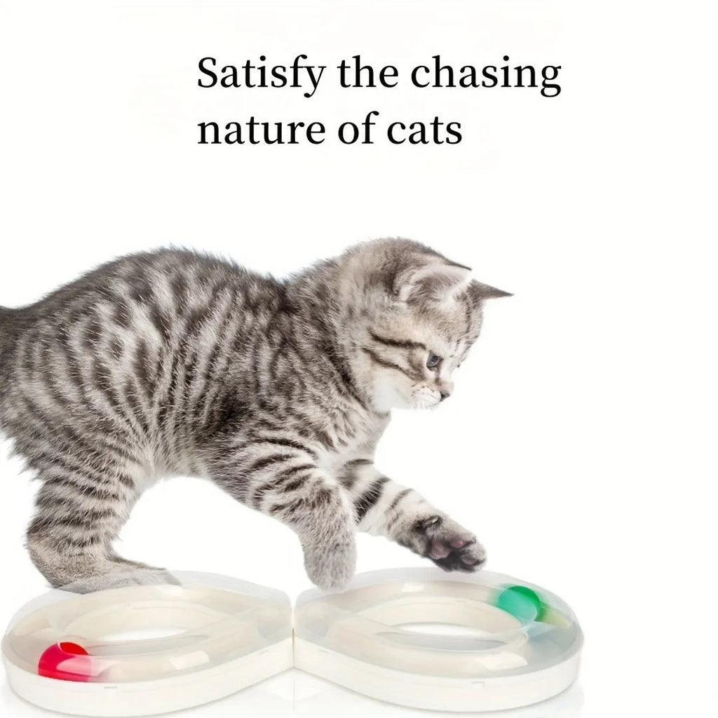 Blue and white cat turntable track ball toy with rotating ball stick for self-play.