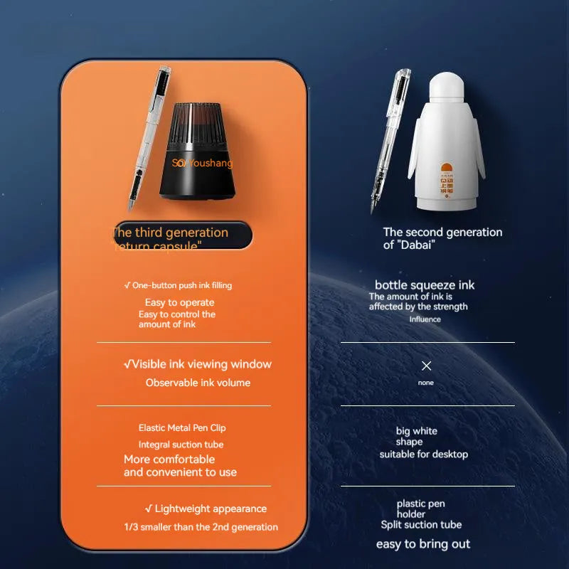 Automatic suction pen set with plastic body, two nib sizes, ink feeder, and handbag for students and office.