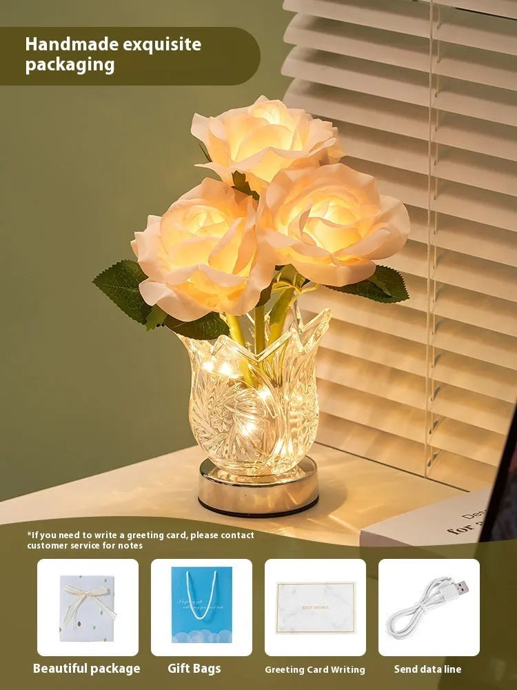 Crystal flowers table lamp with touch control dimming on bedside table