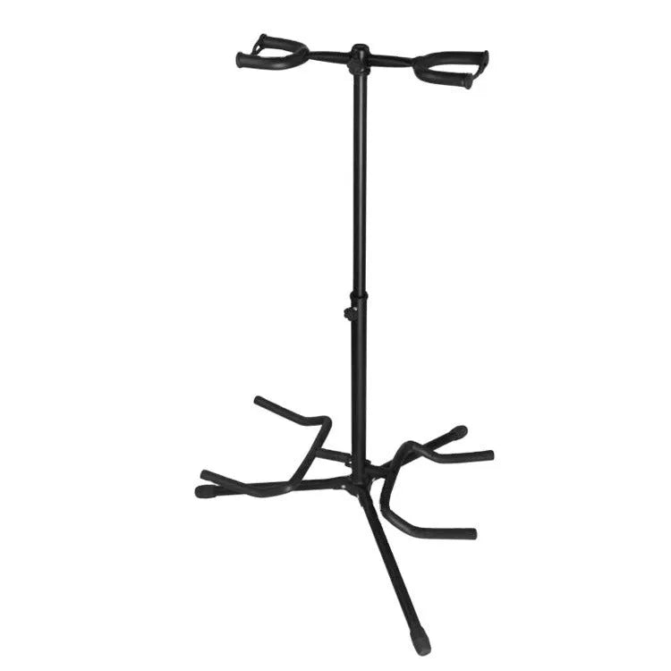 Black iron double-headed adjustable guitar stand holding two guitars vertically