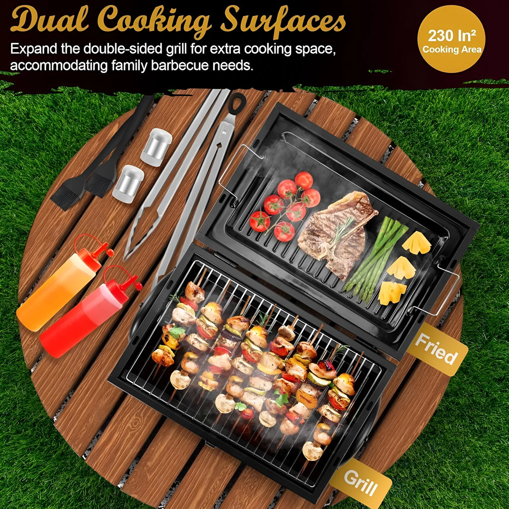 Small folding desktop charcoal barbecue grill with removable cooking grate