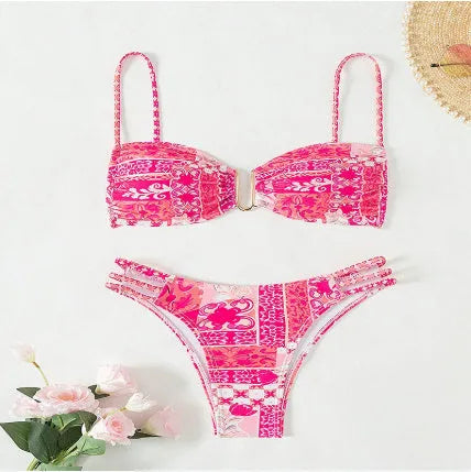 Women's floral bikini swimsuit set with high waist briefs in solid orange, blue, or rose red.