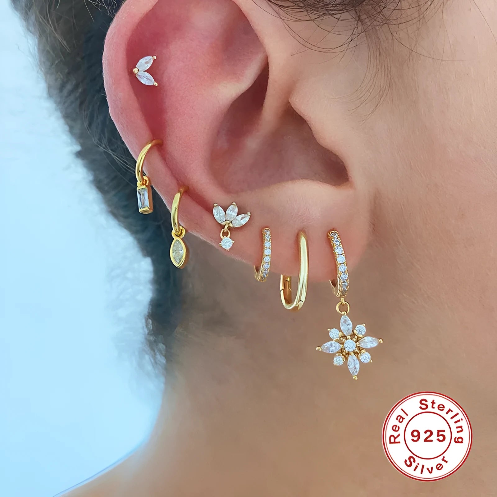 Sterling silver snowflake pendant earrings with diamond accents in gold colour options