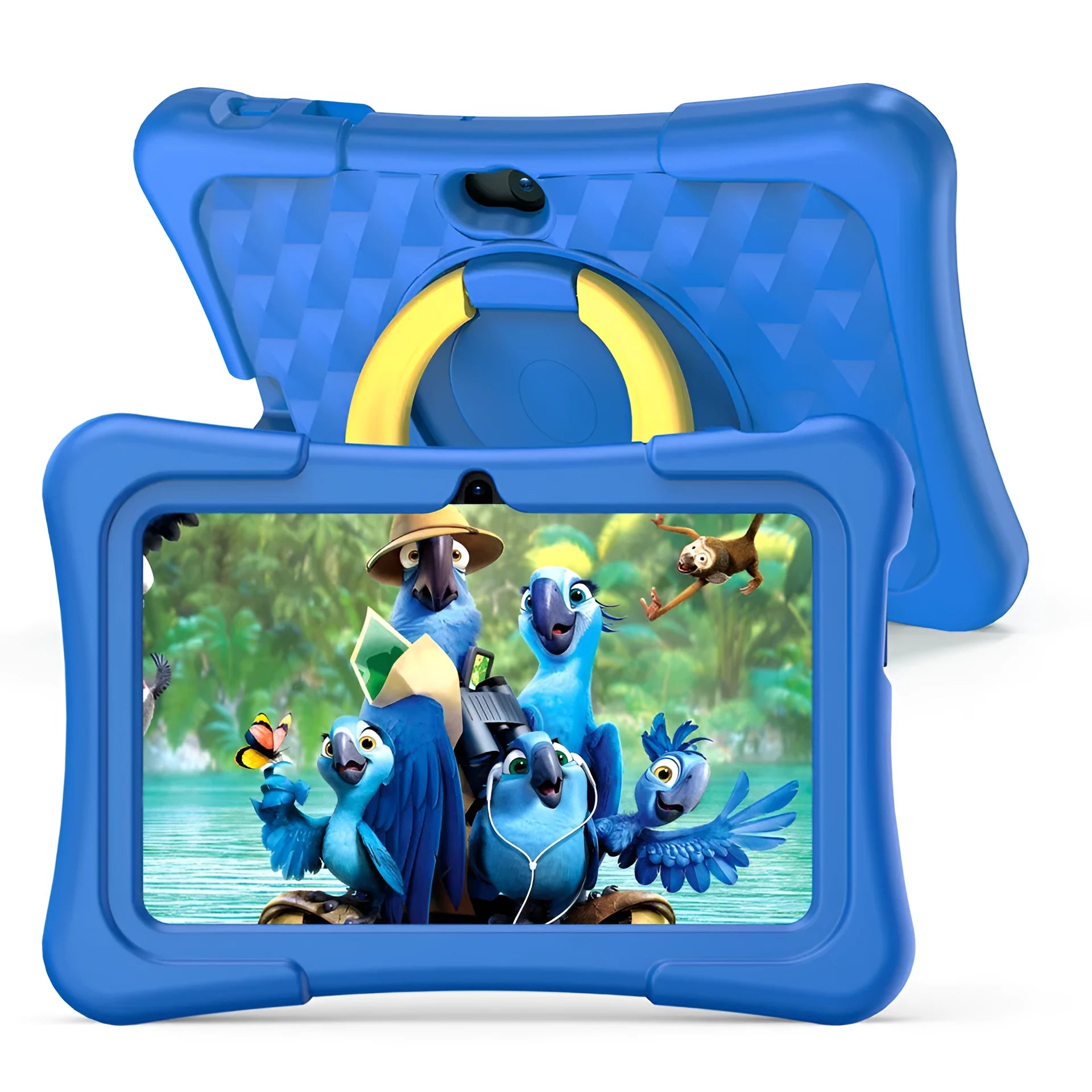 7-inch blue children's educational tablet with silicone protective cover and rotating handle bracket