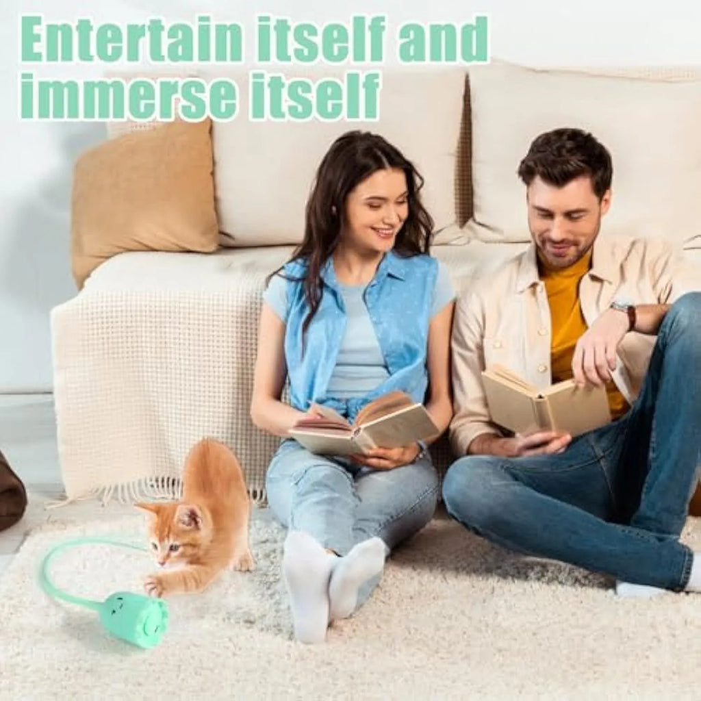 Green automatic cat wand toy with swinging silicone tails for indoor cat play