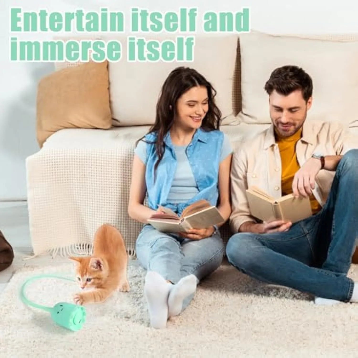 Green automatic cat wand toy with swinging silicone tails for indoor cat play