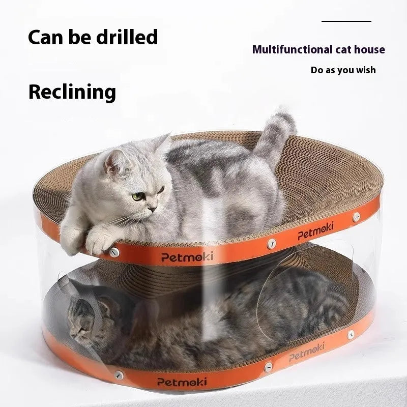 White transparent PVC cat tunnel with attached corrugated scratch board, 58cm long.