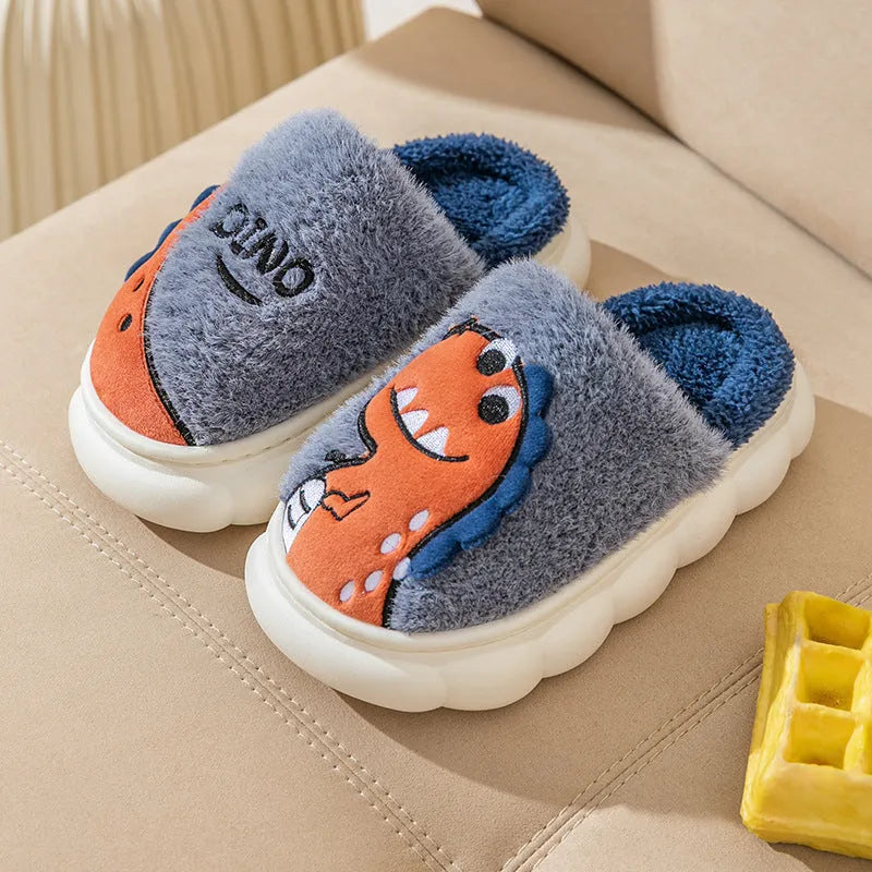 Cotton plush couple slippers in dinosaur colours with thickening construction for indoor warmth