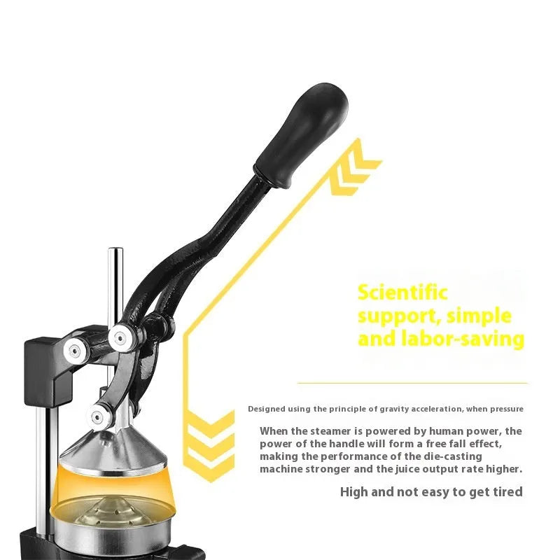 Tall black cast iron manual citrus juicer with stainless steel funnel on a kitchen counter.