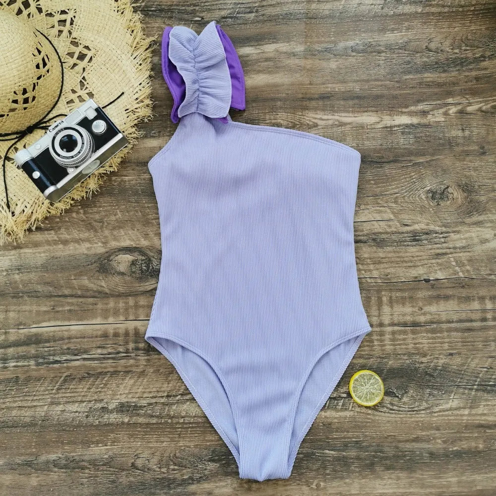 Women's single-shoulder suspender tube top one-piece swimsuit in solid colour with high-waist design