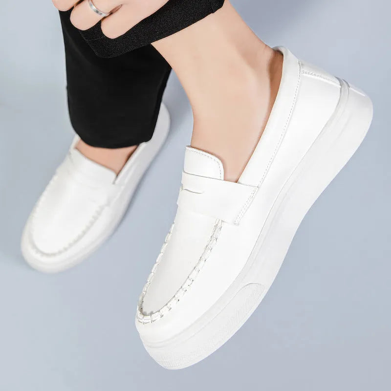 Men's casual slip-on loafers in artificial PU with round toe, shown in white, black and white, and khaki.