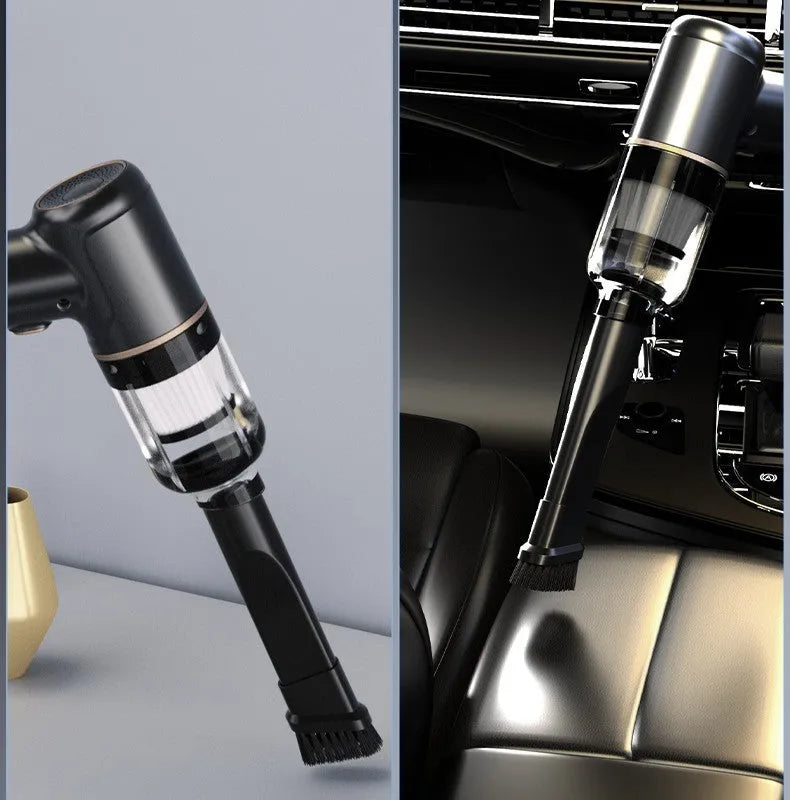 Black wireless handheld car vacuum cleaner with multiple nozzle attachments on a plain background