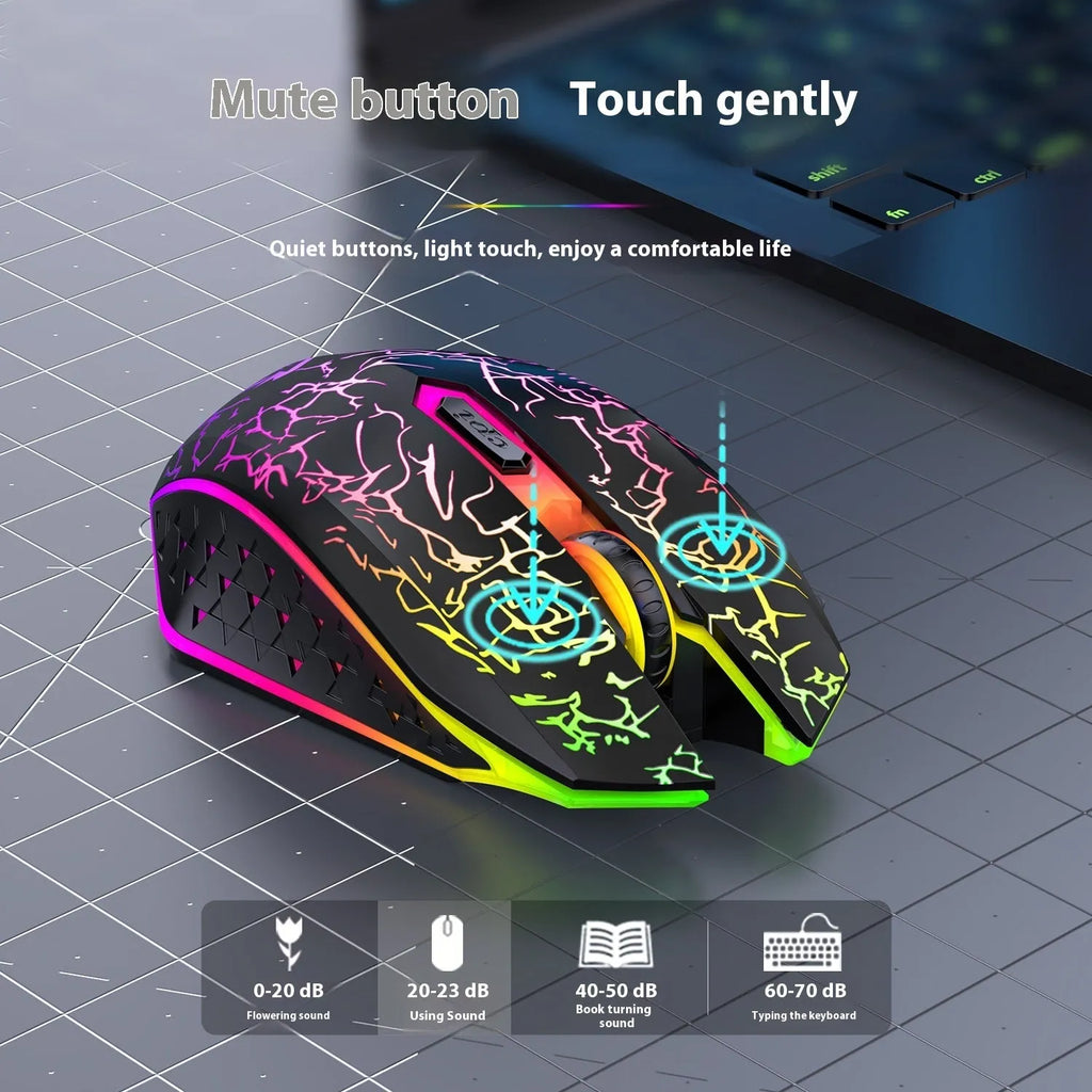 Black and white wireless gaming mouse showing Bluetooth and 2.4G dual-mode connectivity with luminous breathing light effect